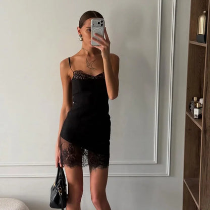 Solid Patchwork Lace Dresses For Women Fashion Sexy Straps Sleeveless V-Neck Sheath Sheer Mini Vestidos Robes Female Slim Fit