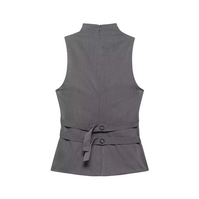 Women's two-tone double-breasted high-neck sleeveless top, waist-cinching slim-fit high-street casual women's vest, 2026 new