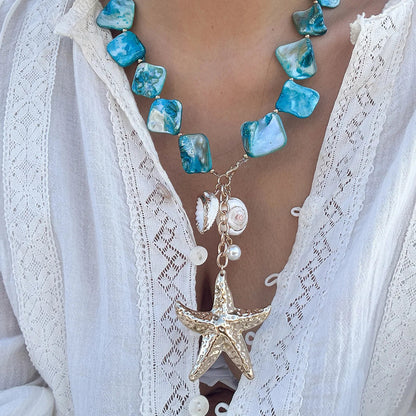Retro Starfish White Shell Conch Pendant Necklace  Women 2024 Simple Creative Colorful Stones  Hand Woven beach Jewelry Girls