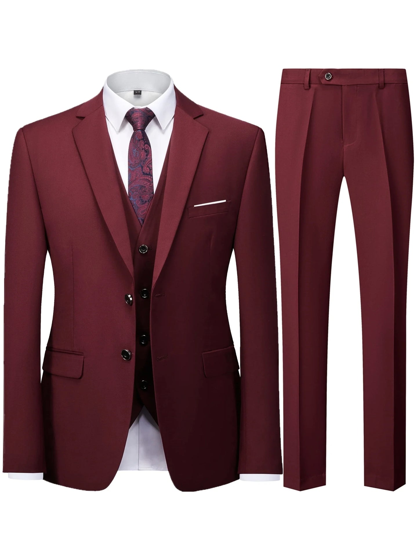 Men's Burgundy 2-Piece Suit Set (Blazer + Trousers Only, No Vest Included),Slim Fit Formal Business Wedding Party Jacket & Pants