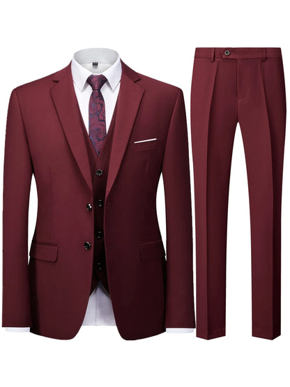 Men's Burgundy 2-Piece Suit Set (Blazer + Trousers Only, No Vest Included),Slim Fit Formal Business Wedding Party Jacket & Pants