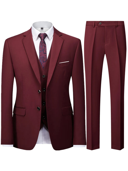 Men's Burgundy 2-Piece Suit Set (Blazer + Trousers Only, No Vest Included),Slim Fit Formal Business Wedding Party Jacket & Pants