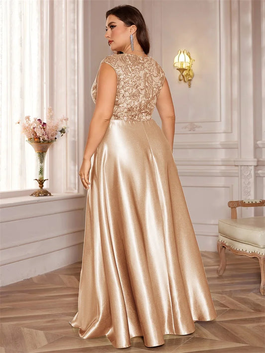 Plus Size Gold Luxury V-Neck Sequins Embroidery With Pocket  Evening Dresses Elegant Women Wedding Party Cocktail Gowns Event
