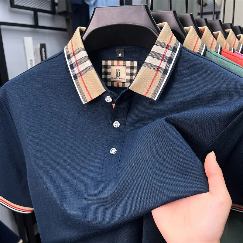 Fashion brand luxury short sleeve polo shirt men summer quality silky cotton breathable business casual striped collar T-shirt