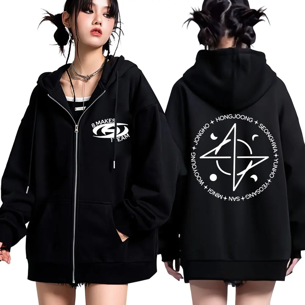 Kpop Ateez 8 Makes 1 Team Zíper Estilo Coreano Y2k Harajuku Moletom com Zíper Masculino Feminino Moda Superdimensionado Jaquetas Quentes Streetwear
