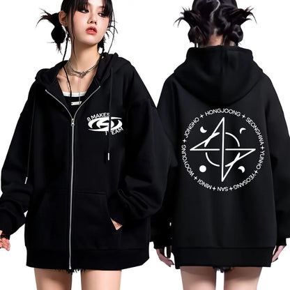 Kpop Ateez 8 Makes 1 Team Zíper Estilo Coreano Y2k Harajuku Moletom com Zíper Masculino Feminino Moda Superdimensionado Jaquetas Quentes Streetwear