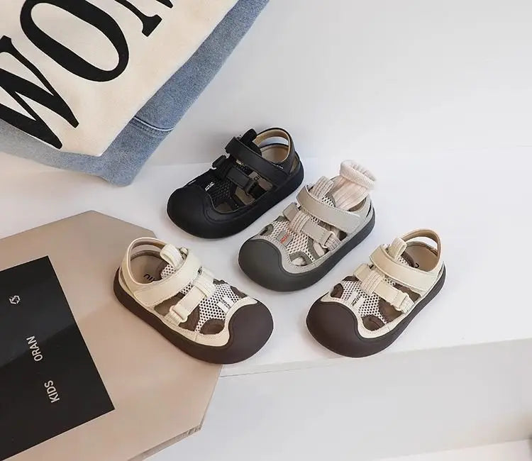 Children Sports Sandals Versatile Kids Causal Cut-outs Sandals Summer Fashion Boys Girls Patchwork Mesh Beach Shoes Black Beige