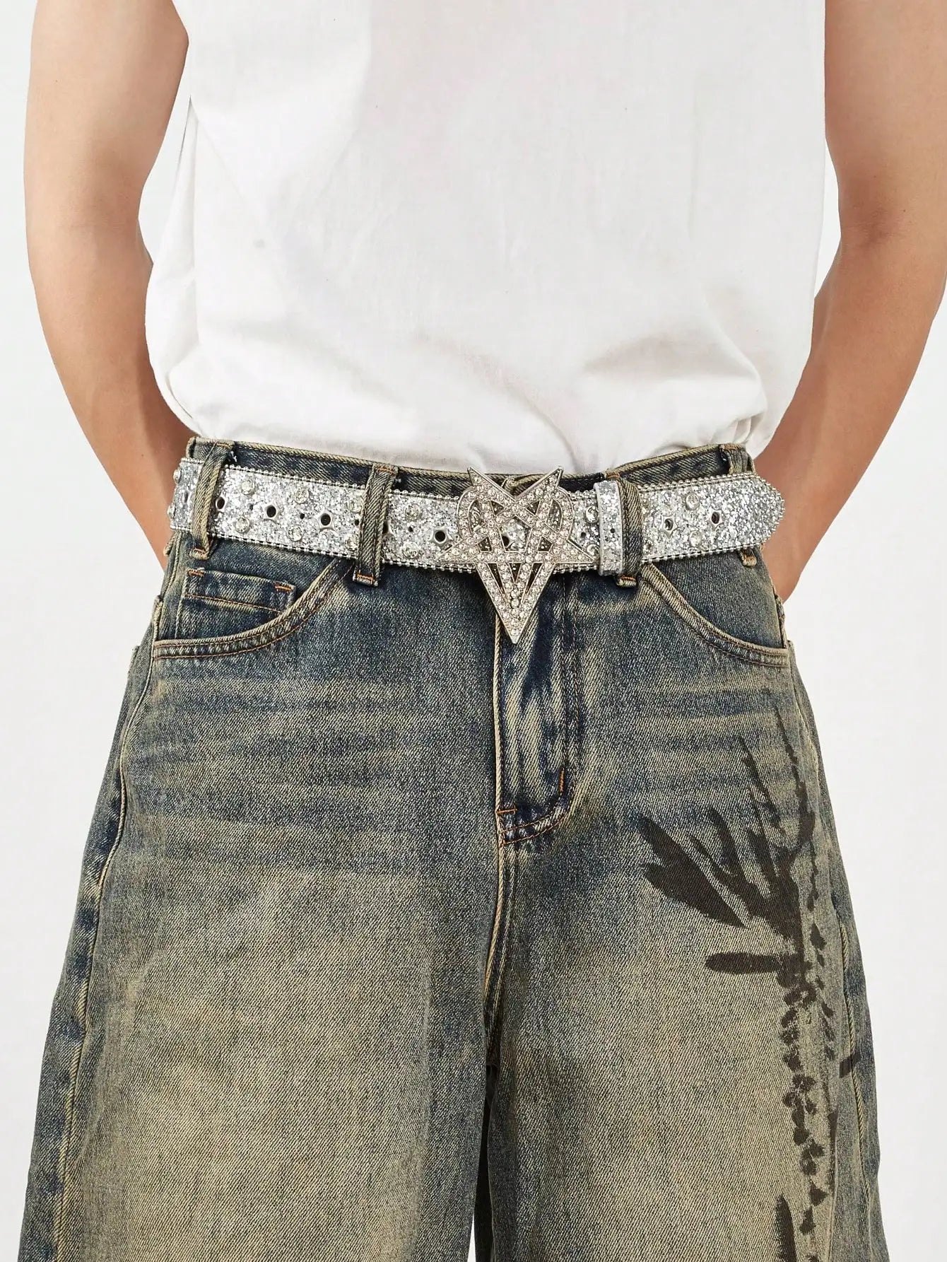 1pc Men's Y2K Punk Six-pointed Star Rhinestone Buckle Glitter Rhinestone Belt, A Versatile Belt To Match Jeans