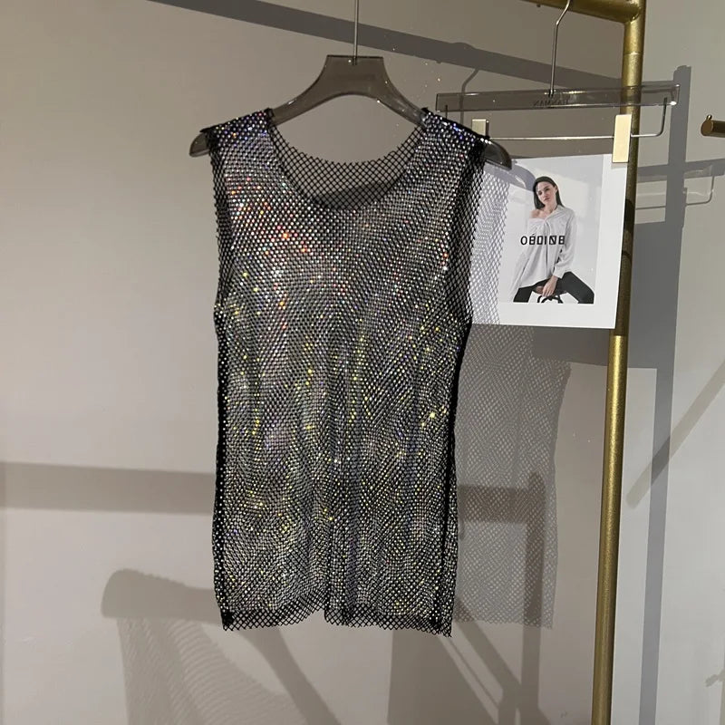 Women&Men Crystal  Rhinestones Shiny Sexy Y2K Tank Tops High Quality Party Club Sexy See Through Mesh Hollow Out Diamond shirt
