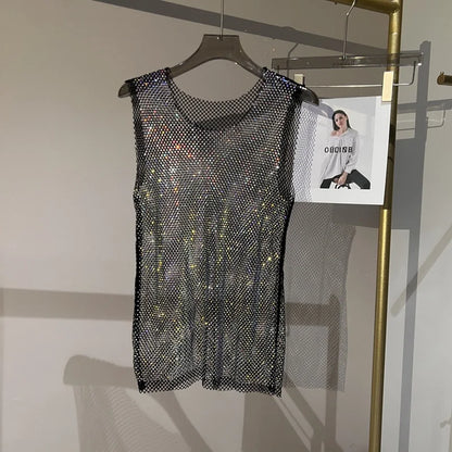 Women&Men Crystal  Rhinestones Shiny Sexy Y2K Tank Tops High Quality Party Club Sexy See Through Mesh Hollow Out Diamond shirt