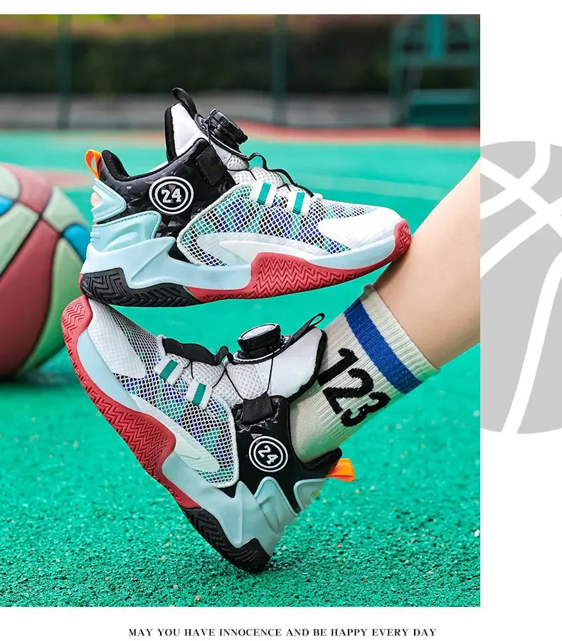 Boys Girls Quick Twist Lace Basketball Shoes Wear Resistant Comfortable Outdoor Athletic Footwear