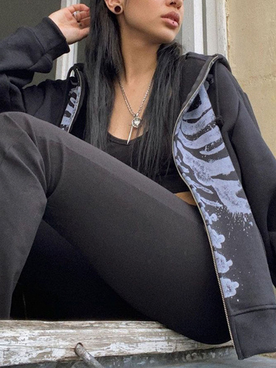 Halloween Women Spring Autumn Casual Hooded Coat Long Sleeve Skull Print Zipper Hoodie Grunge Long Sleeve Top Gothic Sweatshirt