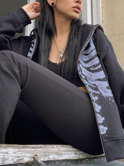 Halloween Women Spring Autumn Casual Hooded Coat Long Sleeve Skull Print Zipper Hoodie Grunge Long Sleeve Top Gothic Sweatshirt