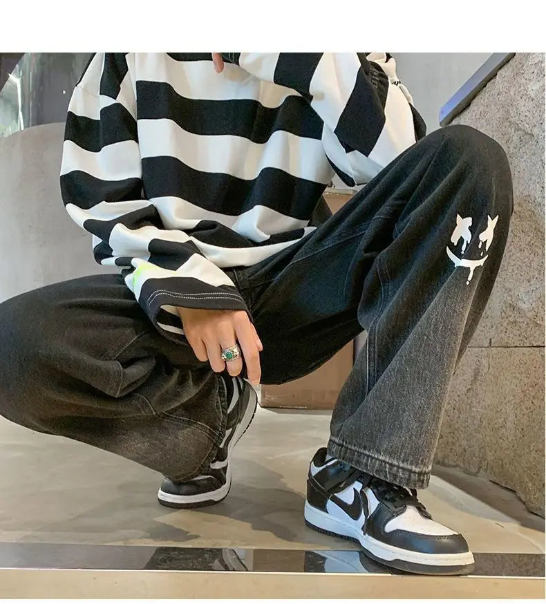 Harajuku Smile Print Baggy Pants Men Streetwear Wide Leg Oversize Jeans Vintage Y2k Straight Long Trousers Male 2024 Fashion