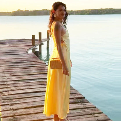 Yellow Dresses Women Satin V Neck Midi Dress Summer Backless Strap Slip Dresses Elegant Evening Party Dress 2025 Vestidos