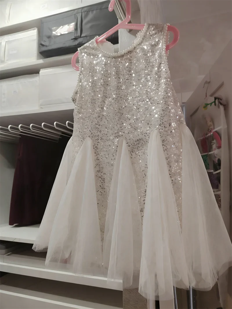 Summer Girls Tulle Dress Princess Sequined Puff Mesh Gown Kids Birthday Party Vestidos Children Casual Fashion Clothes 2-10Y