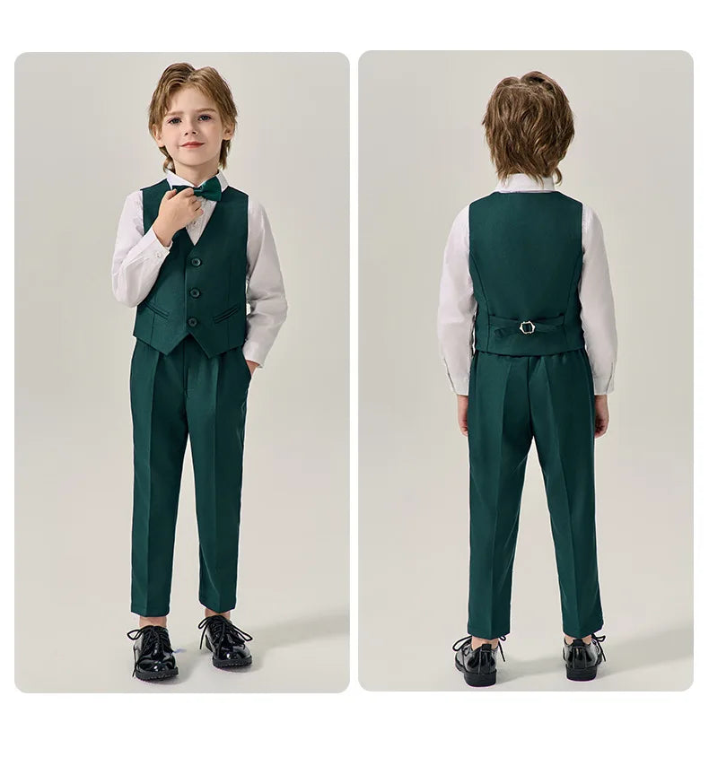 Boys Dark Green Jakcet Vest Pants Bowtie Evening Party Dress Children Wedding Photograph Suit Kids Ceremony Performance Costume