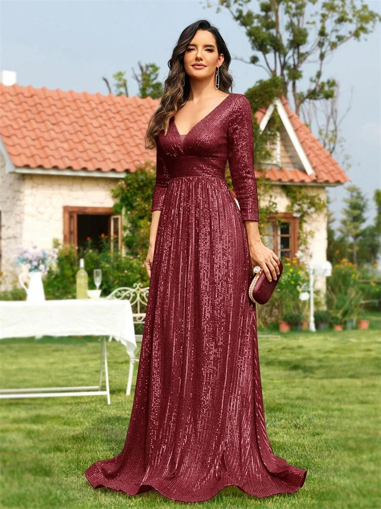 Luxury V Neck Long Sleeves Blue Sequins Formal Evening Dress Women 2024 Wedding Party Prom Maxi Cocktail Dress Gowns