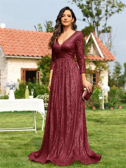 Luxury V Neck Long Sleeves Blue Sequins Formal Evening Dress Women 2024 Wedding Party Prom Maxi Cocktail Dress Gowns