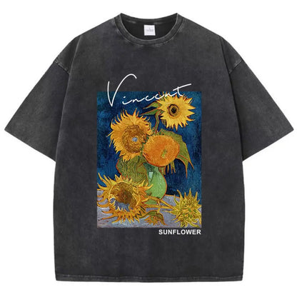 Camisetas Femininas Casuais de Algodão Lavado Estampa Girassol Van Gogh Manga Curta Gola Redonda Blusas Respiráveis Macias Roupa Feminina da Moda