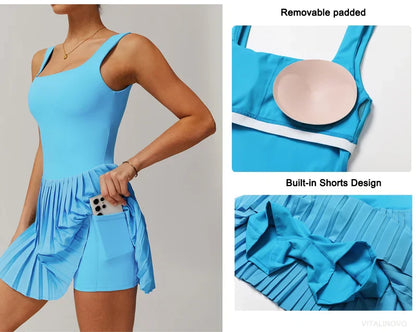 Workout Tennis Dress with Built in Shorts Square Neck Padded Workout Dress with Pockets Golf Athletic Mini Dresses