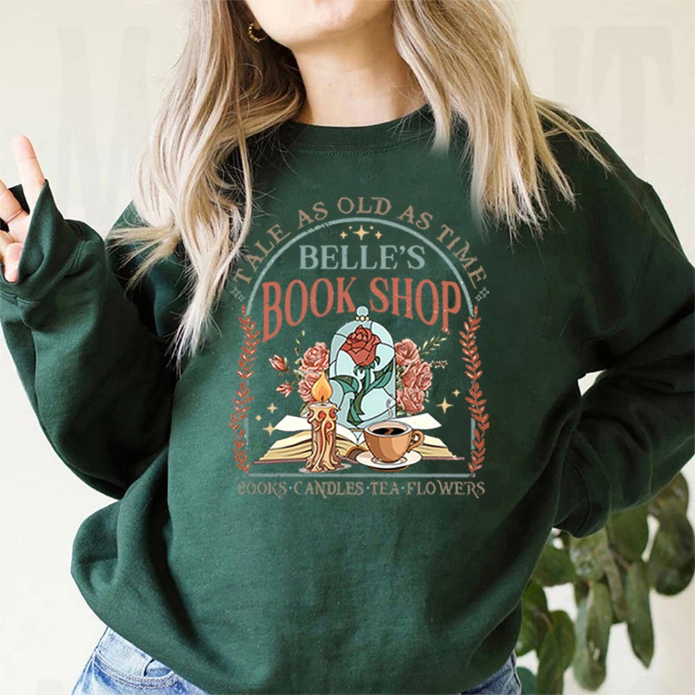 Vintage Belle's Book Shop Sweatshirt Women Tale As Old As Time Hoodie Beauty Beast Shirt Aesthetic Princess Trendy Sweatshirts