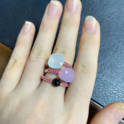 Conjunto de 3 anéis empilháveis ​​Nudo para mulheres, conjunto com cores mistas, cristais tipo bala incrustados, zircônia, ametista, topázio azul, joia redonda, presente