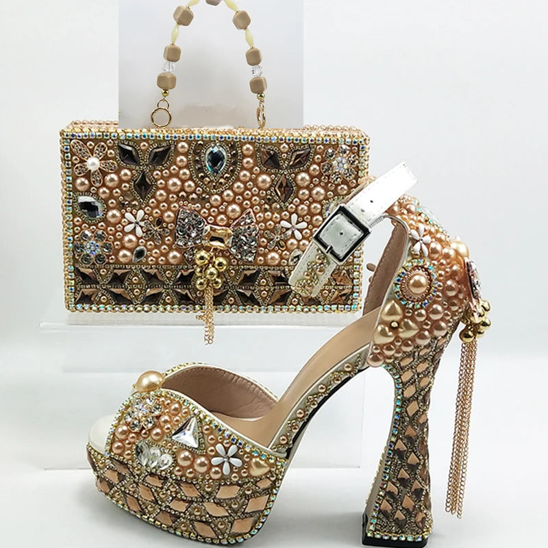 Luxury Champagne Golden Crystal wedding shoes matching bags woman fashion Thick heel Women party dress shoes Pointed Toe shoes