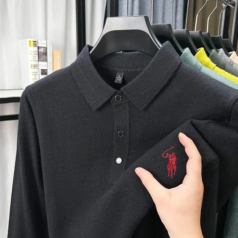 High quality luxury knitted long sleeve T-shirt men's autumn new designer brand Pony embroidery fashion Paul classic polo shirt
