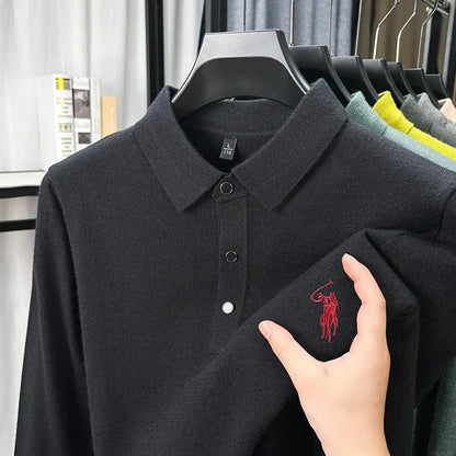 High quality luxury knitted long sleeve T-shirt men's autumn new designer brand Pony embroidery fashion Paul classic polo shirt
