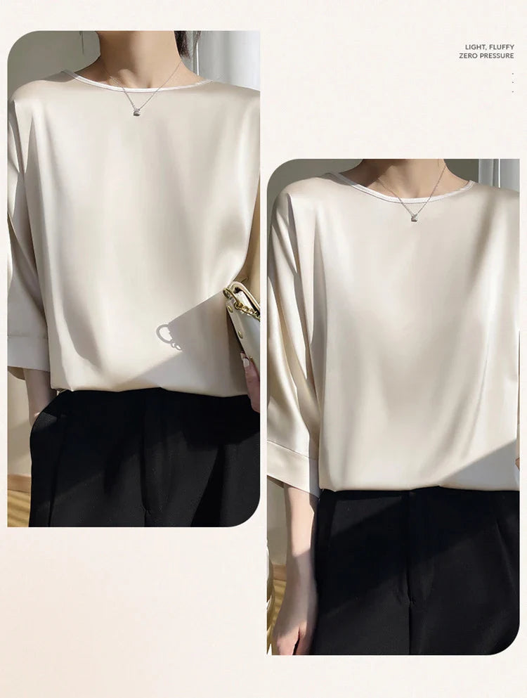 2026 New In Summer Satin Silk Half-Sleeve Tee Tops Basic Solid Women‘s T-Shirt Casual O-neck Thin Shirts Ladies Loose Blouses