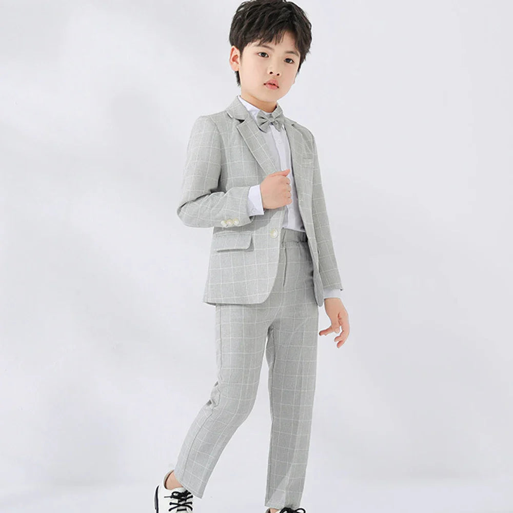 Boys Suit Wedding Ring Bearer Outfit Kids Suit Set Plaid Striped Blazer Suit Pants Bow Tie Pink Suit 2-14Years