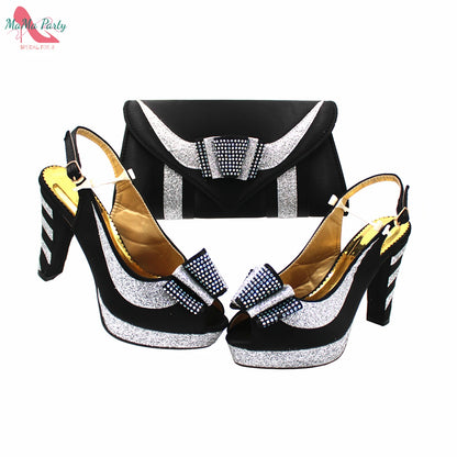Fashion Pretty Peep Toe African Women Shoes Matching Bag Set in Silver Color Elegant Style Platform Sandals for Party