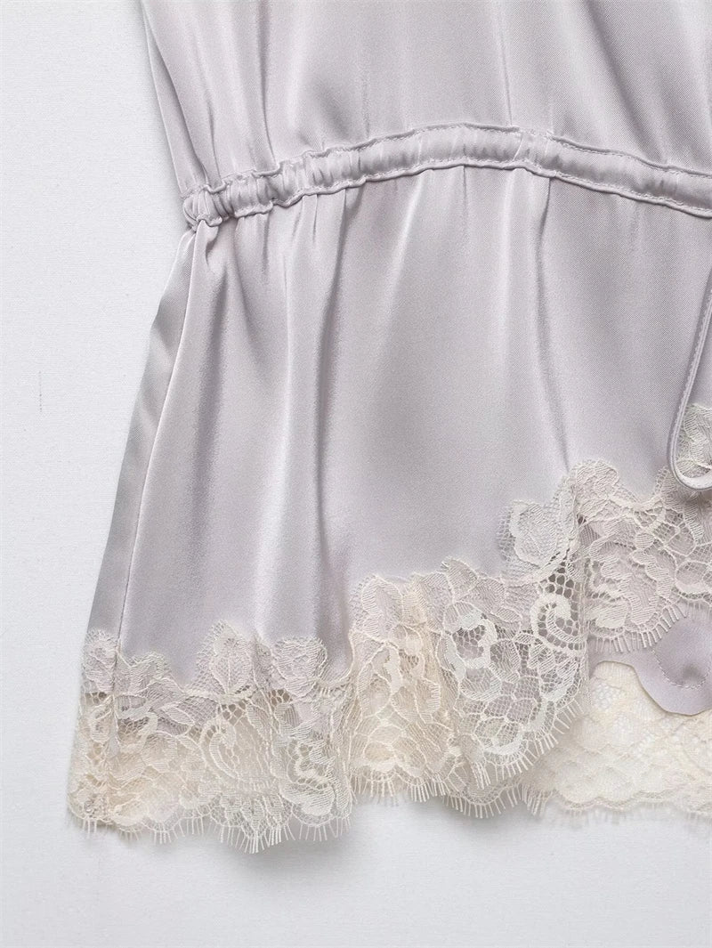 Women's Top 2026 New Spring Summer Lace Decoration Satin Textured Top for Women Chic Personality Female Spaghetti Strap Top
