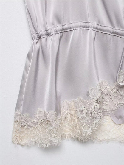 Women's Top 2026 New Spring Summer Lace Decoration Satin Textured Top for Women Chic Personality Female Spaghetti Strap Top