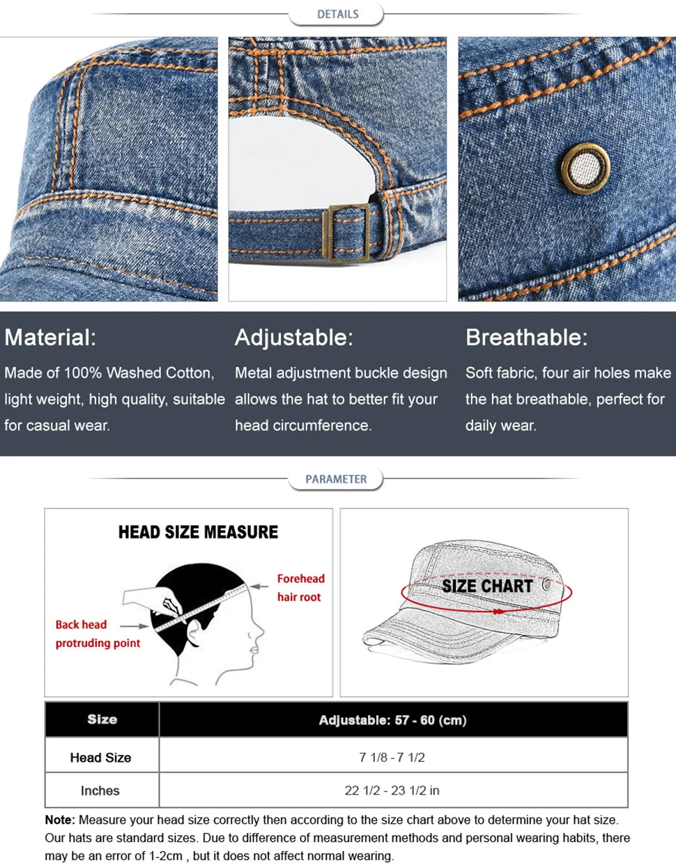 Denim Army Cap Men Washed Cotton Bucket Hat Spring Fall Headpiece Flat Top Adjustable Peaked Visor Hats Trucker Hats