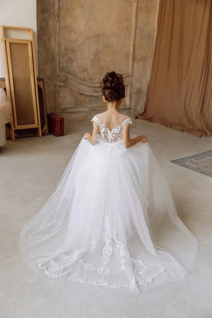 Communion Girl Dress Lace Appqulies Bodice Floor-length Skirt Puffy Dress with Long Train Formal Party Toddler Clothe