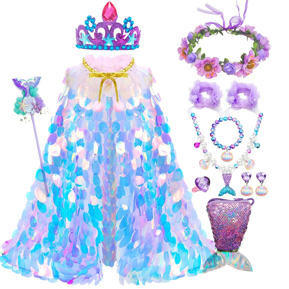 Ariel Cosplay Princess Costume Kids Cartoon Printed Dress Girls Halloween Children Carnival Birthday Party Clothes