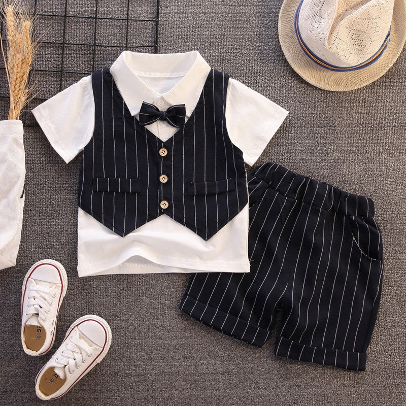 Gentleman Baby Boss Suit White Polo Shirt Stripe Straps Shorts Set 1st Birthday Outfit for Baby Kids Boys Wedding Party Tuxedo