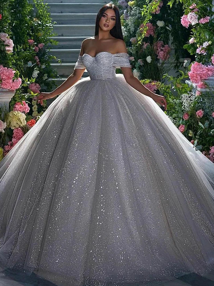 Princess Wedding Dress Ball Gowns Glitter Tulle Sweetheart Bride Dresses Robe De Mariee Off The Shoulder Wedding Gowns