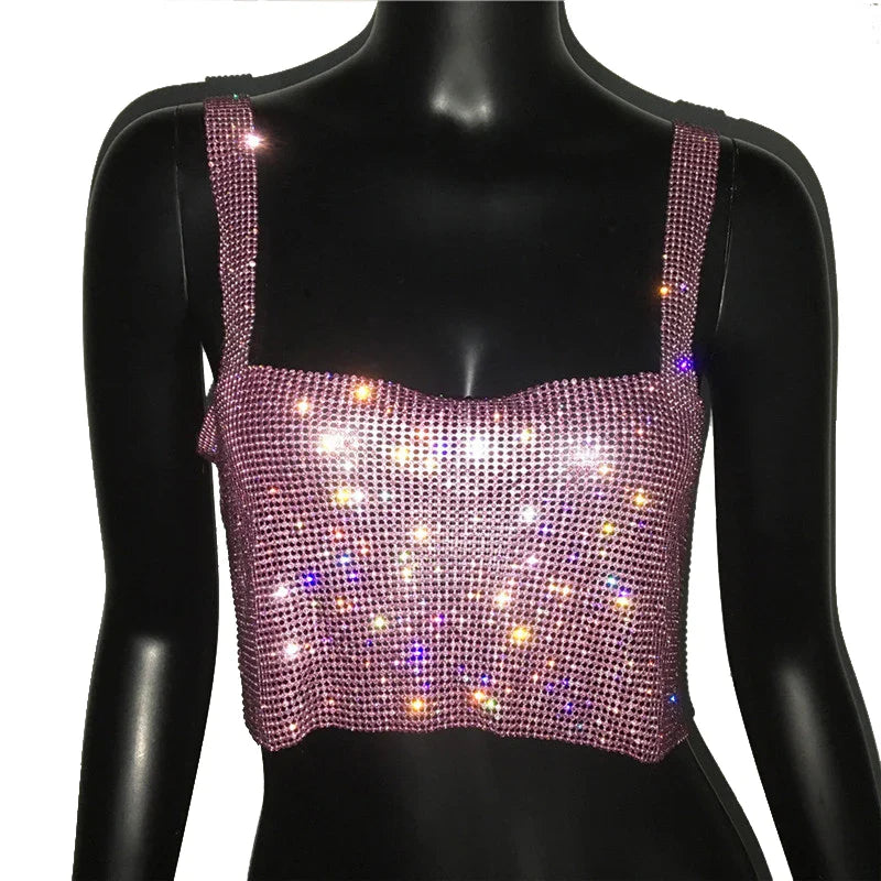 2025 Glitter Nightclub Backless Rhinestone Tank Top Women Sexy Metal Crystal Diamonds Sequined Night Club Party Wear Crop Top