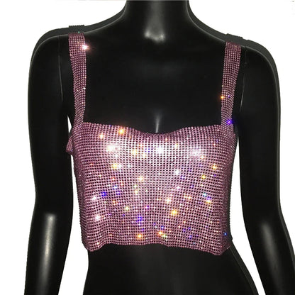 2025 Glitter Nightclub Backless Rhinestone Tank Top Women Sexy Metal Crystal Diamonds Sequined Night Club Party Wear Crop Top