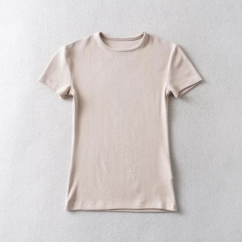 Casual Summer Woman Skinny Fit T-shirt Tight Short-Sleeve O-neck Tee Basic Solid Crop Tops T Shirt
