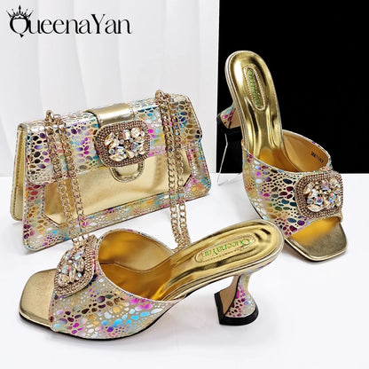Fashion Newest Arrival Orange Color Square Toe Women Sandals Shoes Matching Bag Set for Ladies Wedding Party Pump