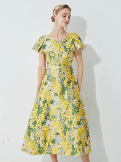 French Embellished Jacquard Dress for Women Waist-Cinching Slim-Fit Midi Dress with 3D Jacquard Perfect for Banquets