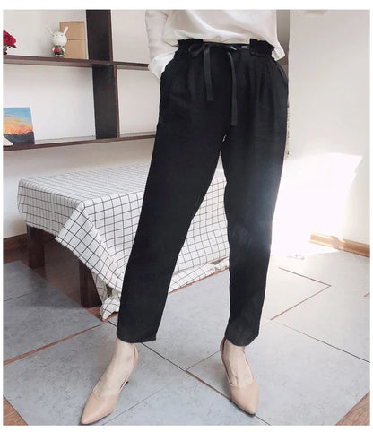 Women Long Pants 100% Mulberry Silk Belted Waist Trousers With Pockets Black Color Office Lady M0609