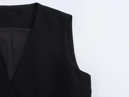 Casual Women Solid Tops Asymmetric V-Neck Single Breasted Pockects Sleeveless Vest Fashion 2025 Autumn Blazer Tops