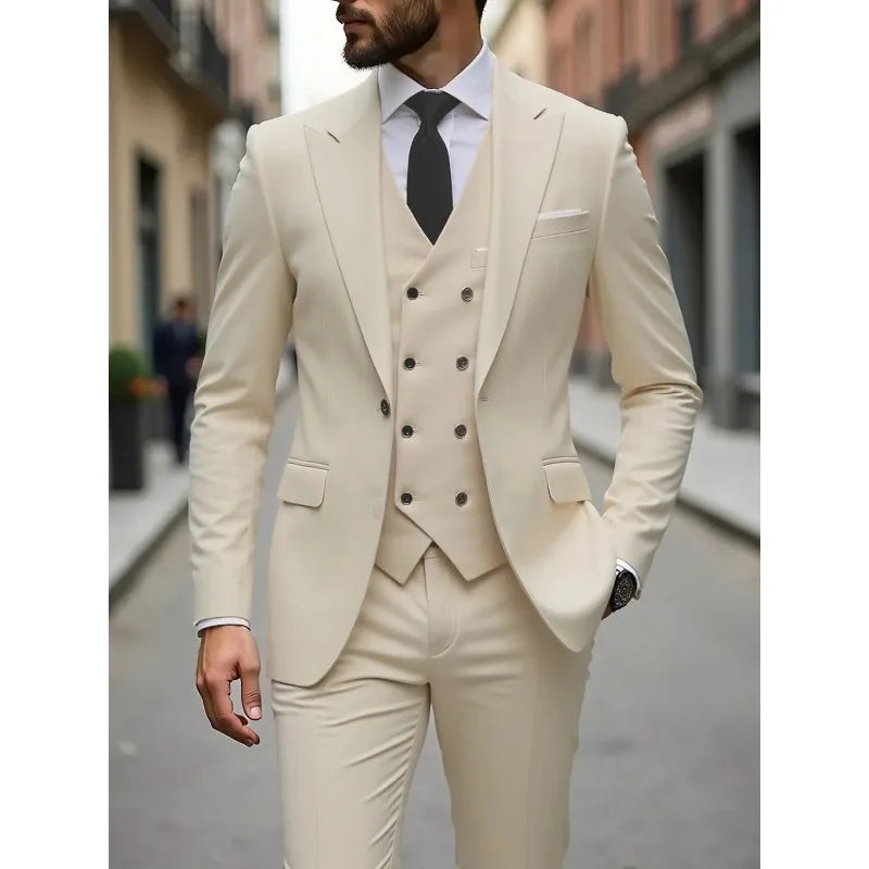 ManSuitOutfit Thin Simple Solid Color Single-breasted Male Suits British Style Long Sleeve Pocket MenSet wedding suits for men