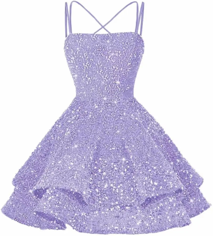 Sequin Short Square Neck Homecoming Dress for Teen Sparkly Prom Dress Sweet 16 Photo Shoot Cocktail Gowns Graduation Dress