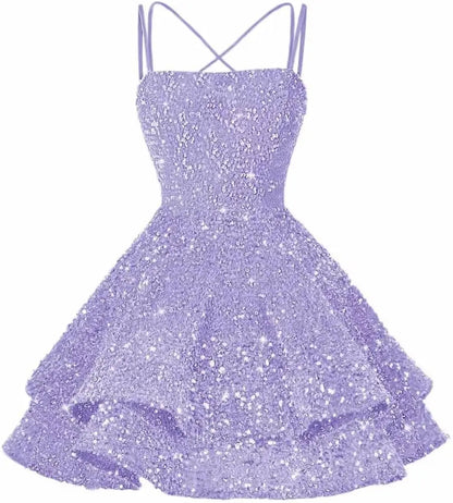 Sequin Short Square Neck Homecoming Dress for Teen Sparkly Prom Dress Sweet 16 Photo Shoot Cocktail Gowns Graduation Dress